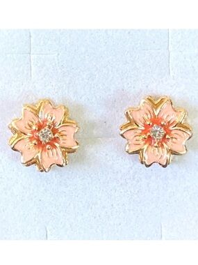 Cherry Blossom Flower Crystal Gold Toned Stud Earrings